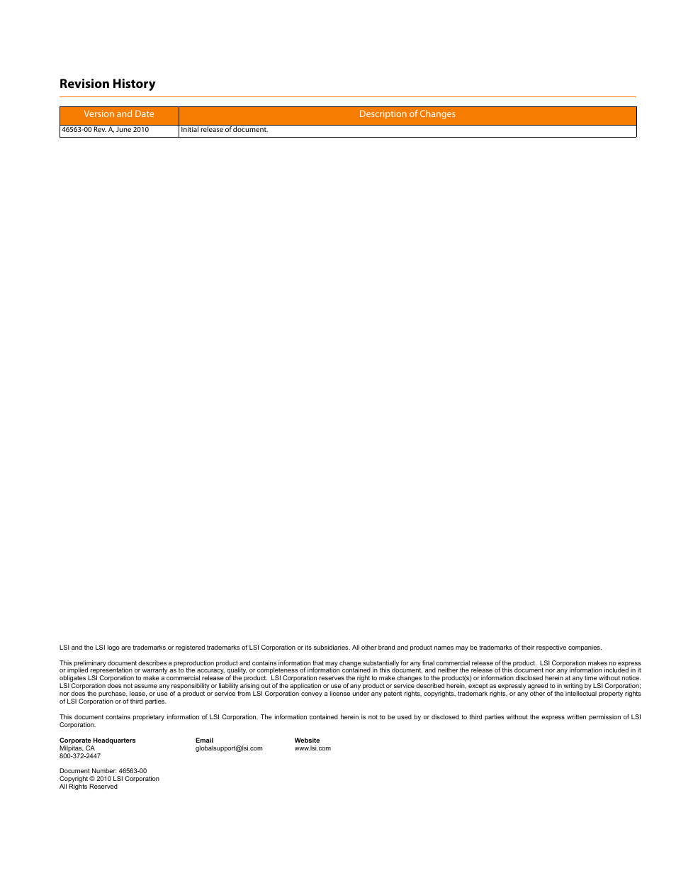 Revision history, Version and date description of changes | Avago Technologies MegaRAID SAS 9280-16i4e User Manual | Page 2 / 12