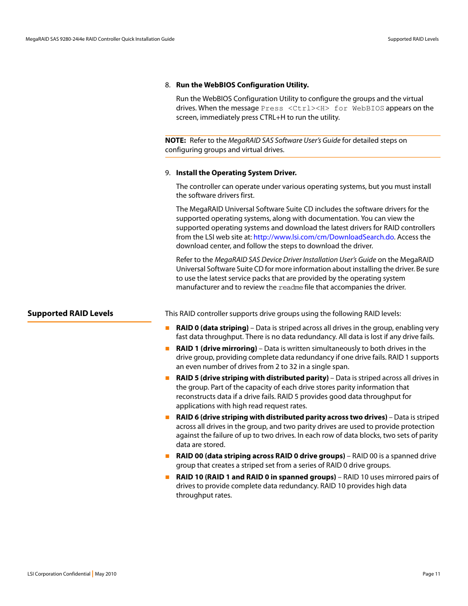 Supported raid levels | Avago Technologies MegaRAID SAS 9280-24i4e User Manual | Page 11 / 14