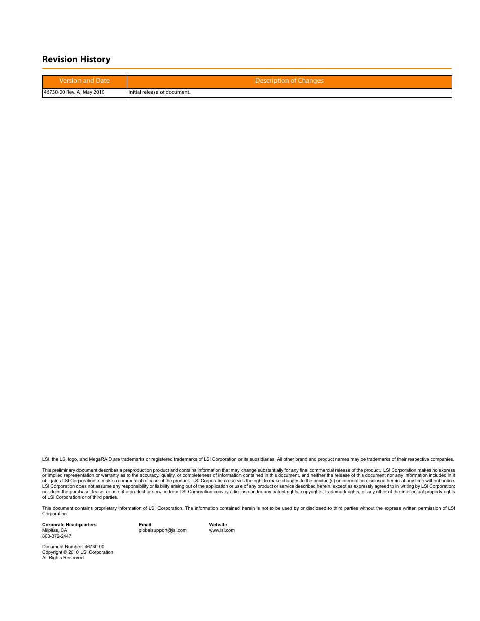 Revision history, Version and date description of changes | Avago Technologies MegaRAID SAS 9280-24i4e User Manual | Page 2 / 14