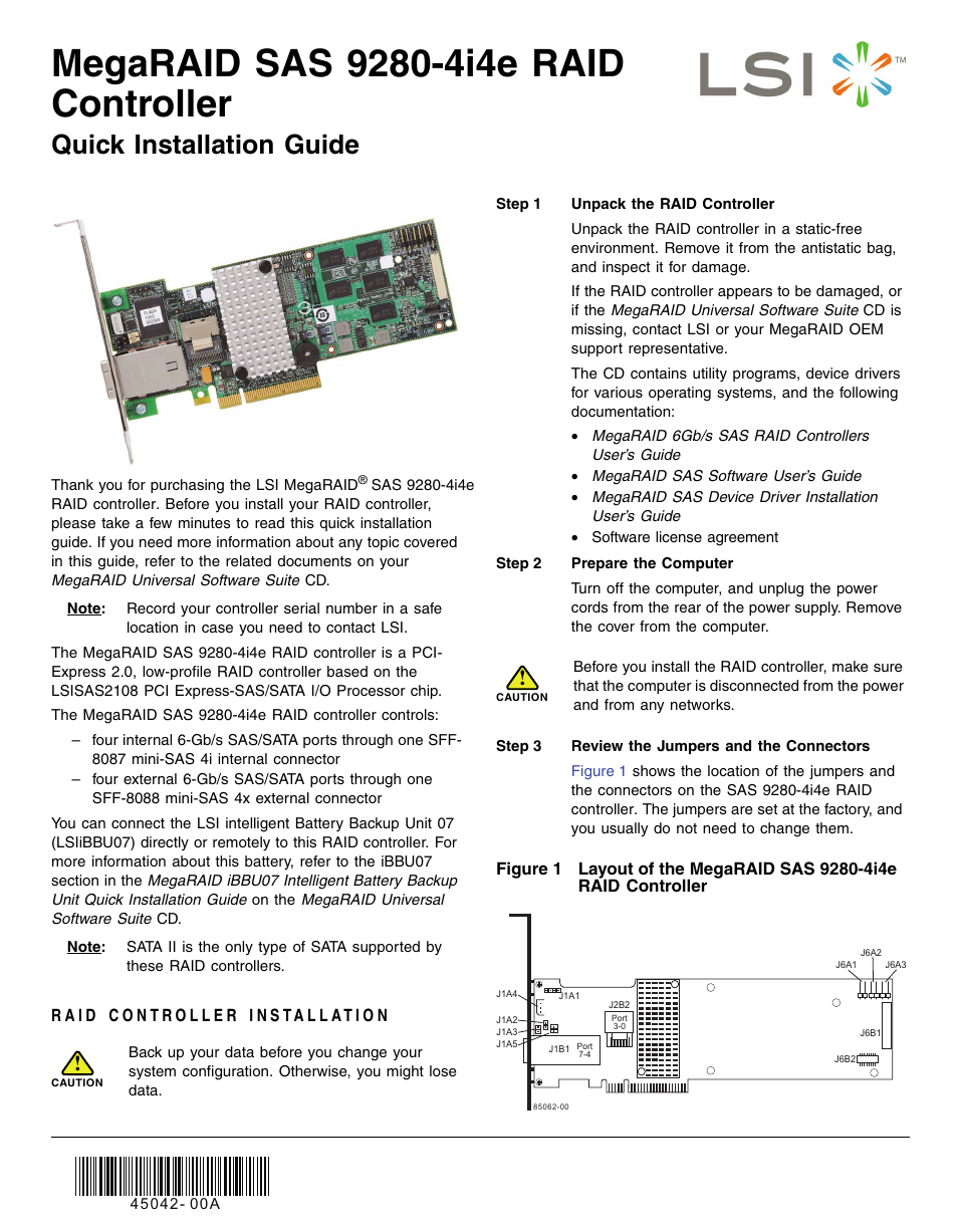 Avago Technologies MegaRAID SAS 9280-4i4e User Manual | 4 pages