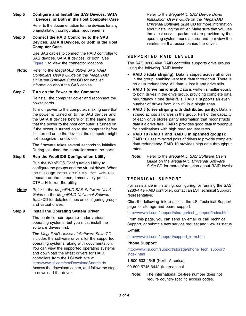 Supported raid levels, Technical support | Avago Technologies MegaRAID SAS 9280-4i4e User Manual | Page 3 / 4