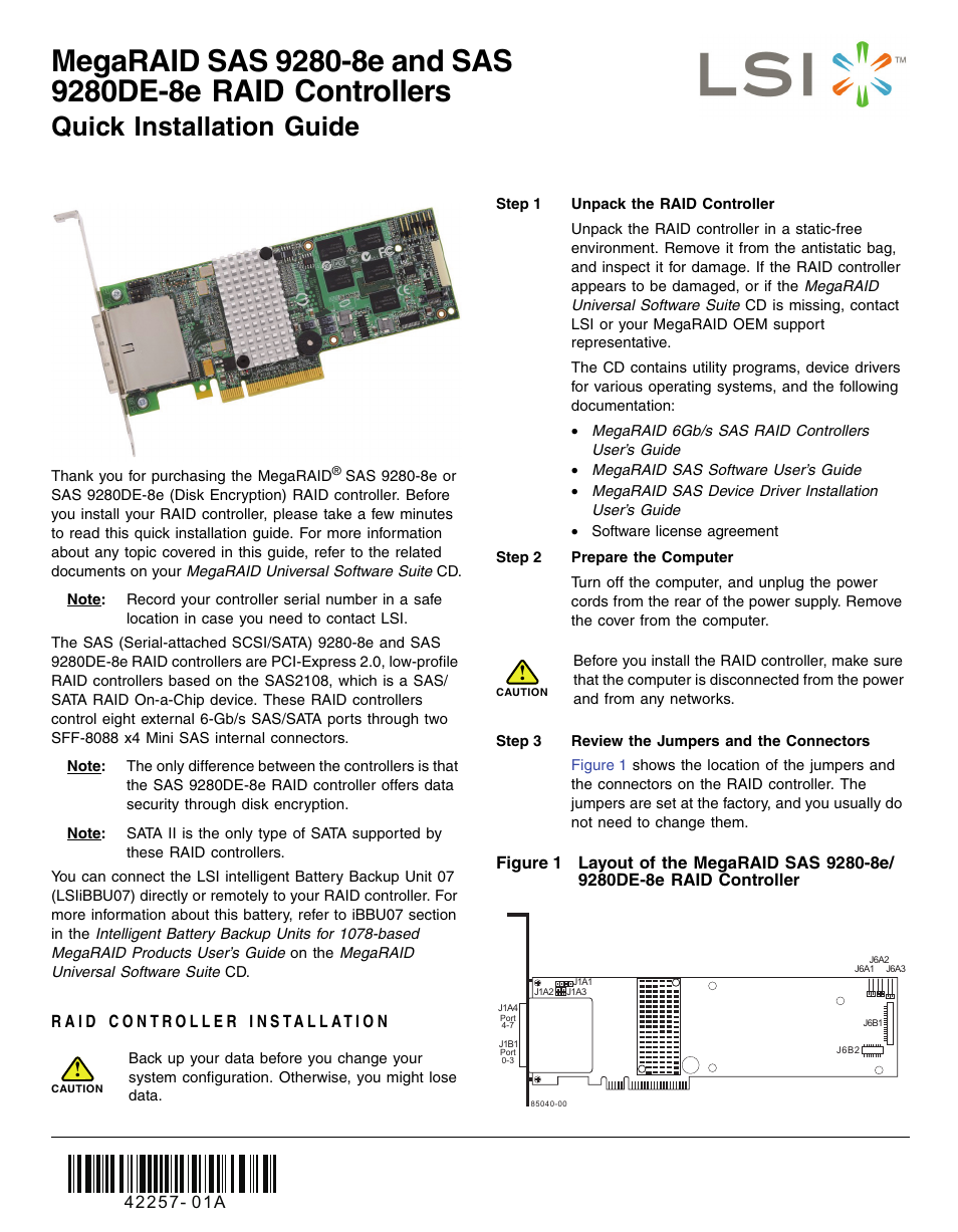 Avago Technologies MegaRAID SAS 9280-8e User Manual | 3 pages