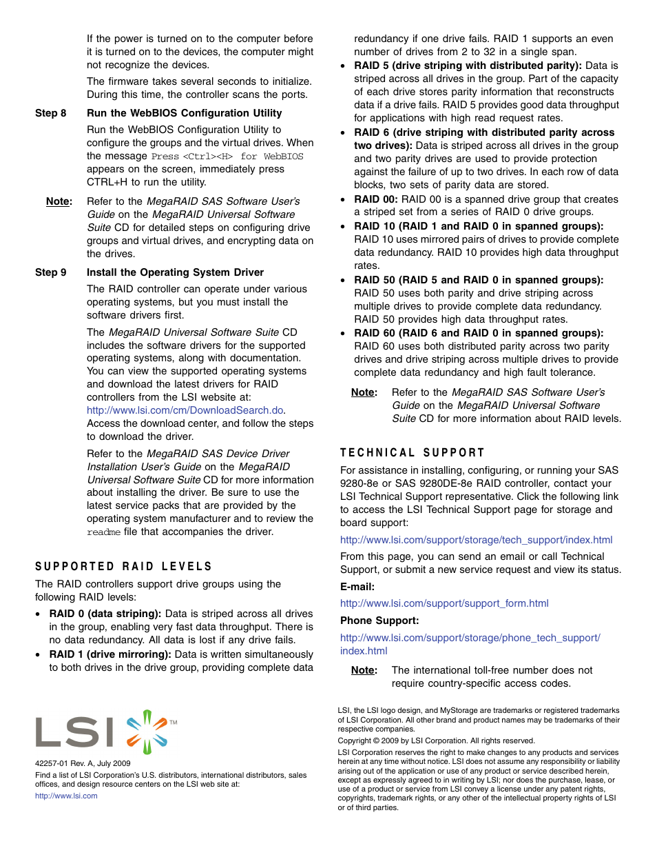 Supported raid levels, Technical support, Copyright notice | Avago Technologies MegaRAID SAS 9280-8e User Manual | Page 3 / 3