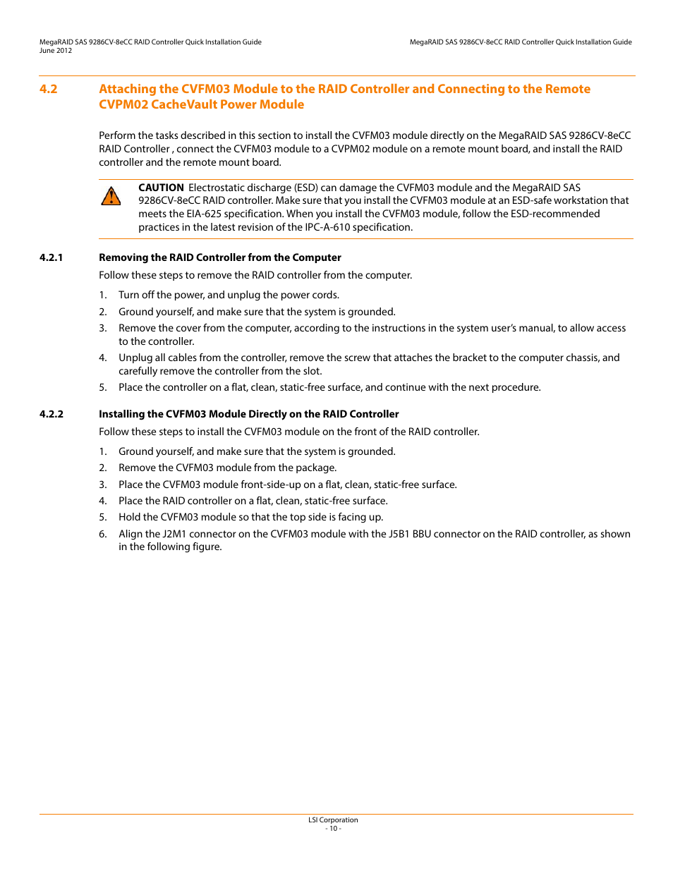 1 removing the raid controller from the computer | Avago Technologies MegaRAID SAS 9286CV-8eCC User Manual | Page 10 / 18