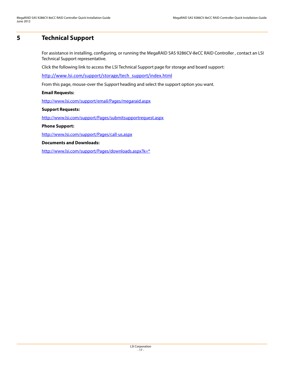 5 technical support, 5technical support | Avago Technologies MegaRAID SAS 9286CV-8eCC User Manual | Page 17 / 18
