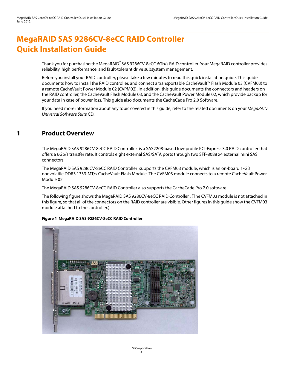 1 product overview, 1product overview | Avago Technologies MegaRAID SAS 9286CV-8eCC User Manual | Page 3 / 18