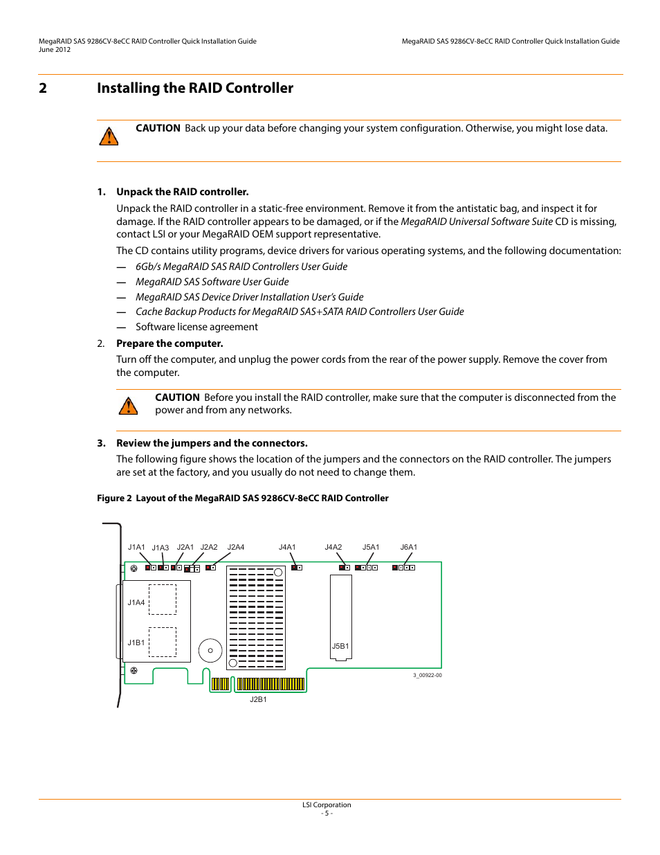 2 installing the raid controller, 2installing the raid controller | Avago Technologies MegaRAID SAS 9286CV-8eCC User Manual | Page 5 / 18
