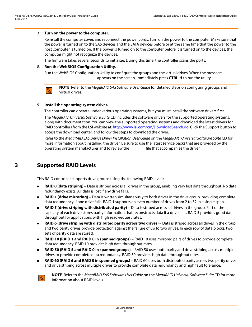 3 supported raid levels, 3supported raid levels | Avago Technologies MegaRAID SAS 9286CV-8eCC User Manual | Page 8 / 18