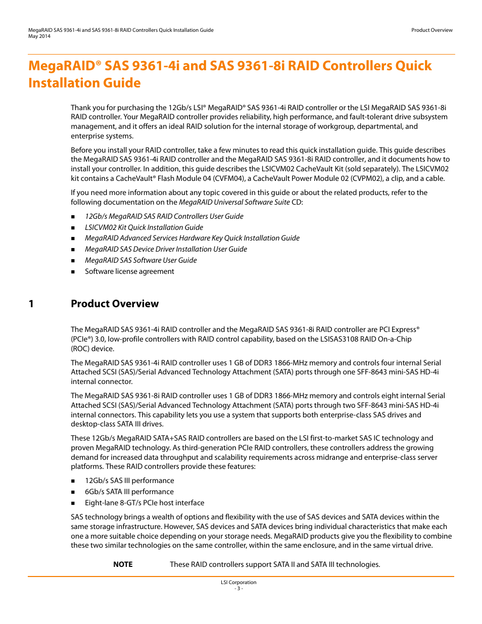 1 product overview, 1product overview | Avago Technologies MegaRAID SAS 9341-4i User Manual | Page 3 / 8