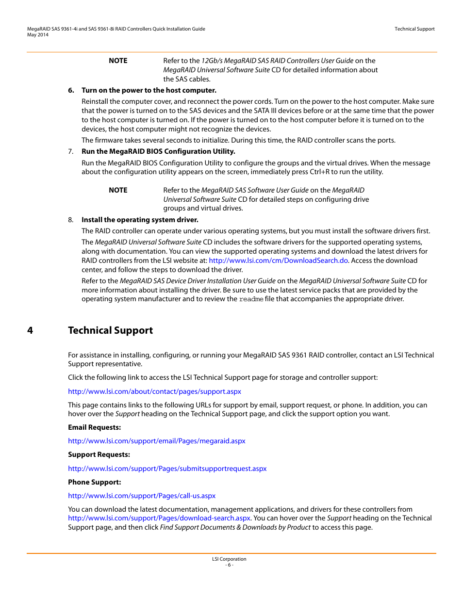 4 technical support, 4technical support | Avago Technologies MegaRAID SAS 9341-4i User Manual | Page 6 / 8