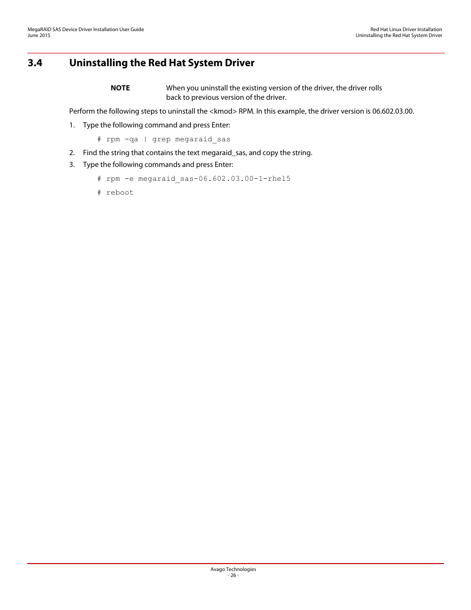 4 uninstalling the red hat system driver | Avago Technologies MegaRAID SAS 9341-4i User Manual | Page 26 / 72