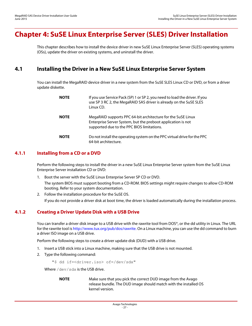 1 installing from a cd or a dvd, 2 creating a driver update disk with a usb drive, Chapter 4 | Avago Technologies MegaRAID SAS 9341-4i User Manual | Page 27 / 72