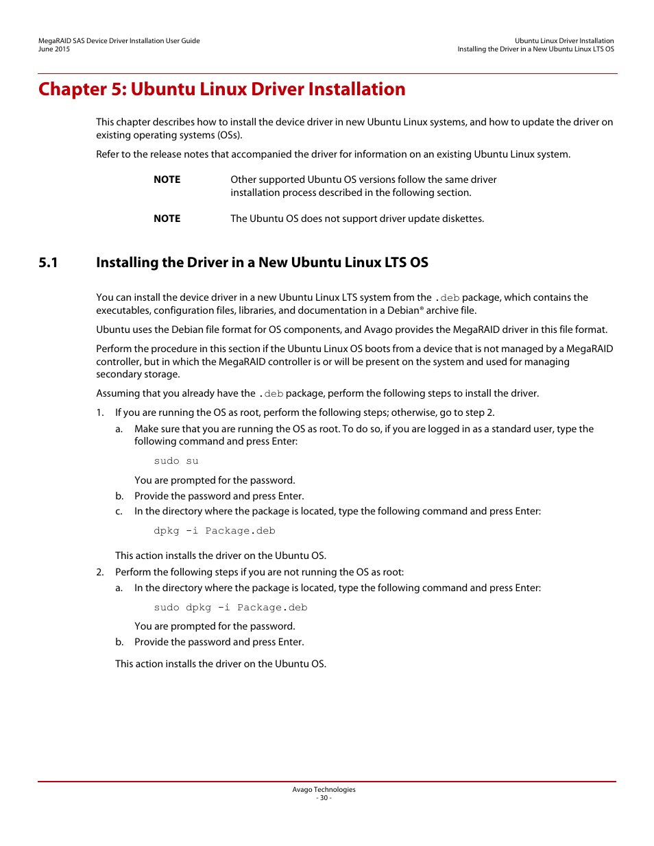 Chapter 5: ubuntu linux driver installation, Chapter 5 | Avago Technologies MegaRAID SAS 9341-4i User Manual | Page 30 / 72