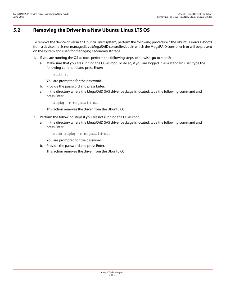 2 removing the driver in a new ubuntu linux lts os | Avago Technologies MegaRAID SAS 9341-4i User Manual | Page 31 / 72