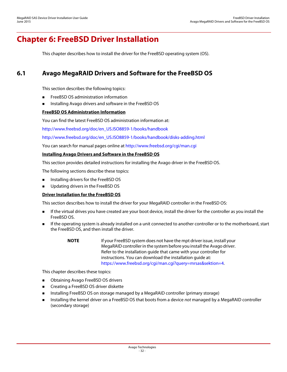 Chapter 6: freebsd driver installation, Chapter 6 | Avago Technologies MegaRAID SAS 9341-4i User Manual | Page 32 / 72