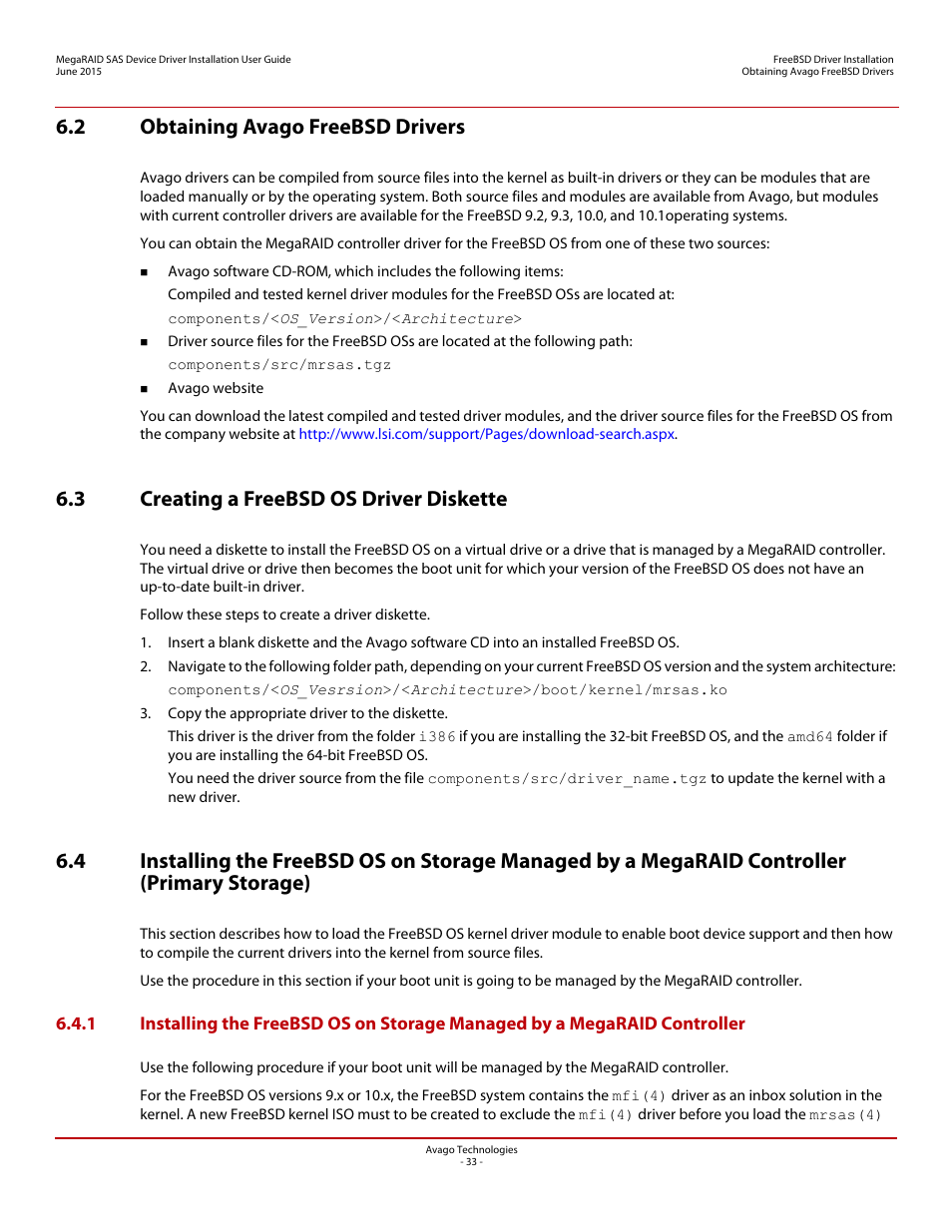 2 obtaining avago freebsd drivers, 3 creating a freebsd os driver diskette | Avago Technologies MegaRAID SAS 9341-4i User Manual | Page 33 / 72