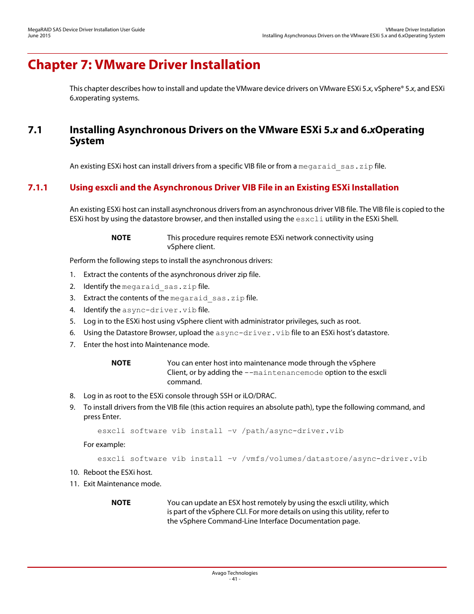 Chapter 7: vmware driver installation, Chapter 7 | Avago Technologies MegaRAID SAS 9341-4i User Manual | Page 41 / 72