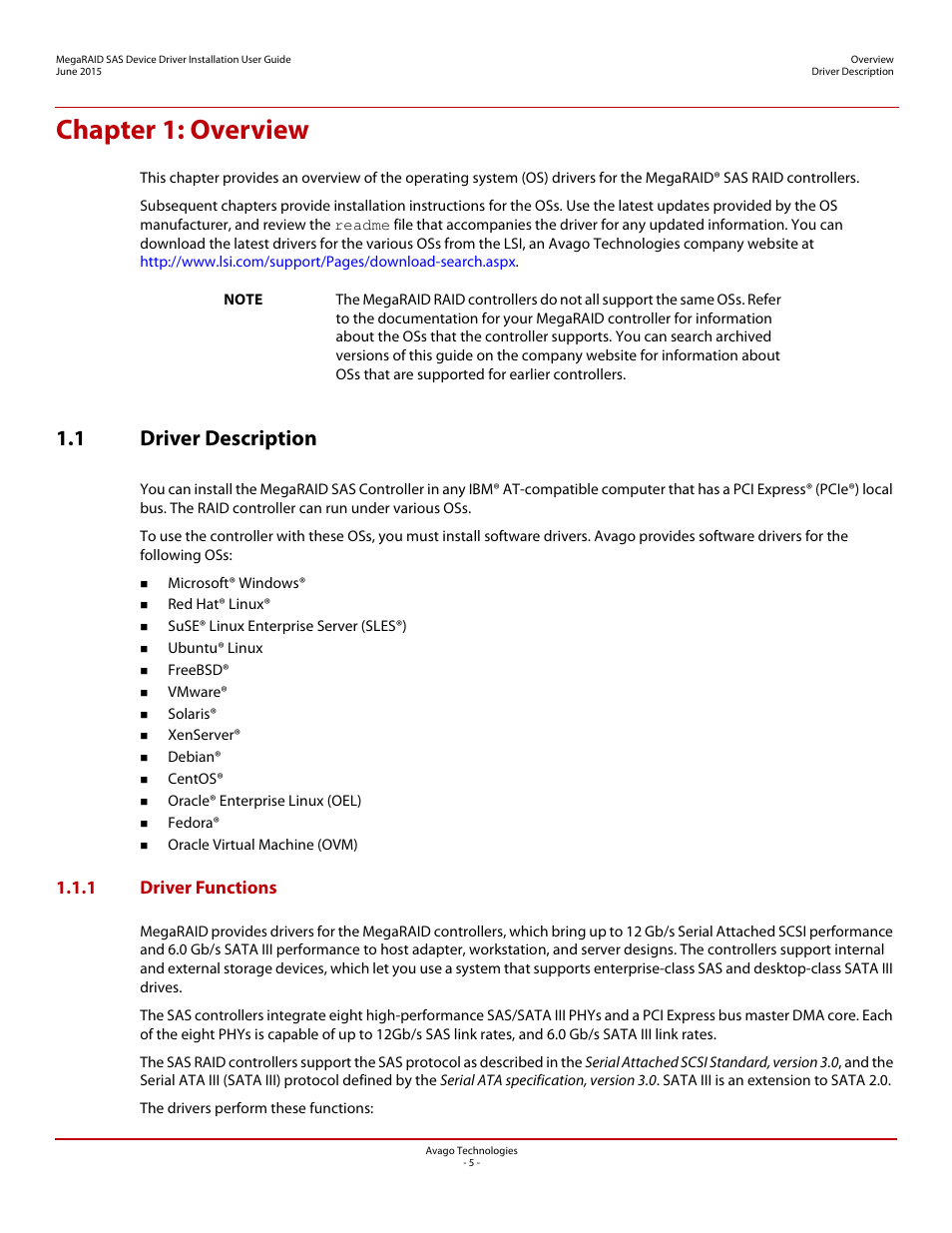 Chapter 1: overview, 1 driver description, 1 driver functions | Avago Technologies MegaRAID SAS 9341-4i User Manual | Page 5 / 72