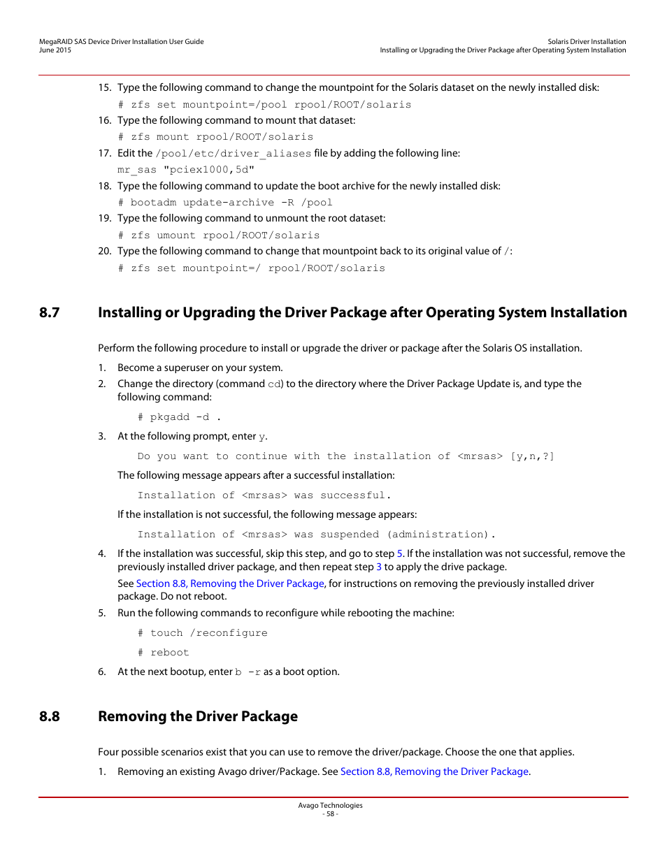 8 removing the driver package | Avago Technologies MegaRAID SAS 9341-4i User Manual | Page 58 / 72