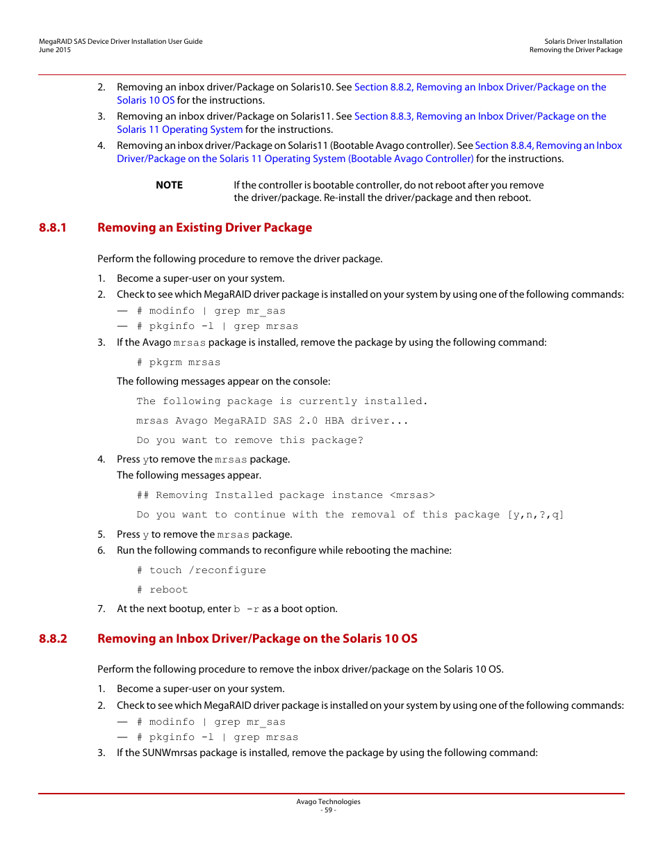 1 removing an existing driver package | Avago Technologies MegaRAID SAS 9341-4i User Manual | Page 59 / 72