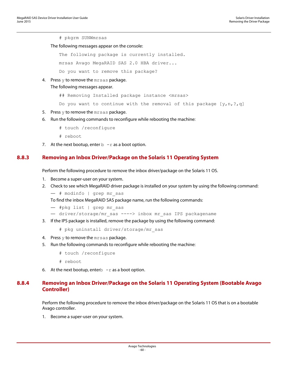 Solaris 11 operating system, For the instructions, Section 8.8.4, removing an inbox | Avago Technologies MegaRAID SAS 9341-4i User Manual | Page 60 / 72