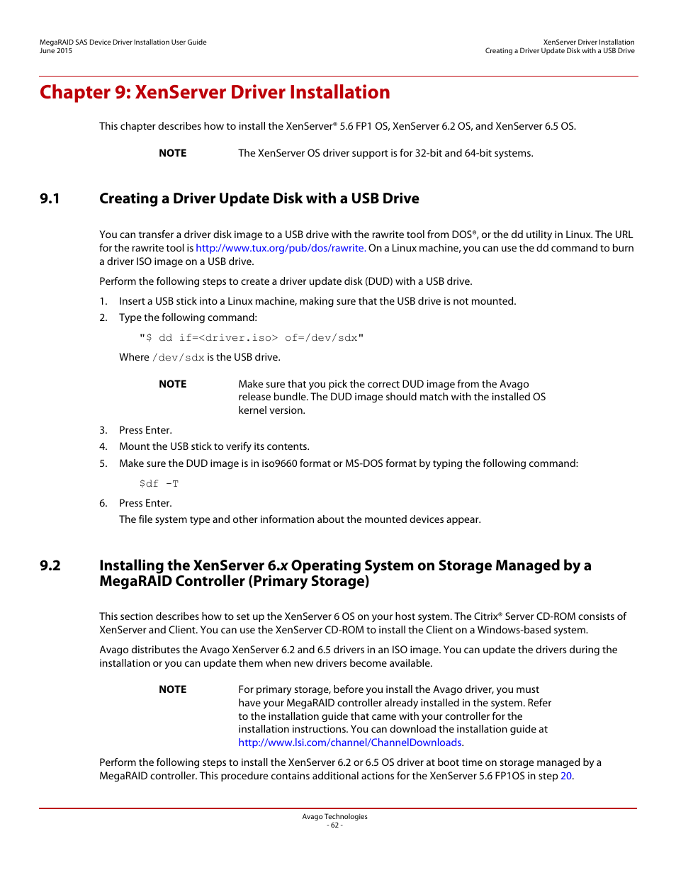 Chapter 9: xenserver driver installation, 1 creating a driver update disk with a usb drive, Chapter 9 | Avago Technologies MegaRAID SAS 9341-4i User Manual | Page 62 / 72