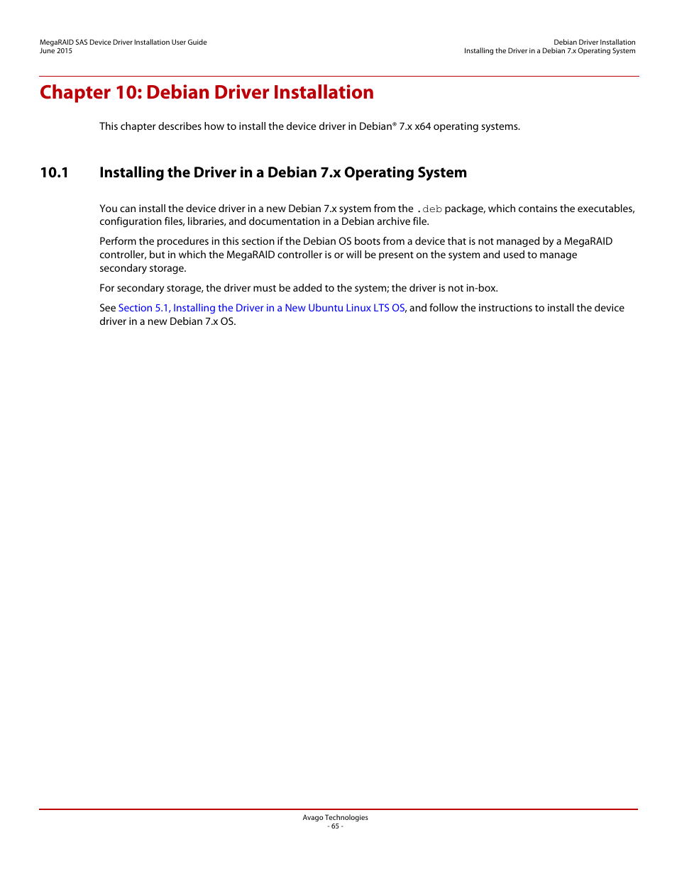 Chapter 10: debian driver installation, Chapter 10 | Avago Technologies MegaRAID SAS 9341-4i User Manual | Page 65 / 72
