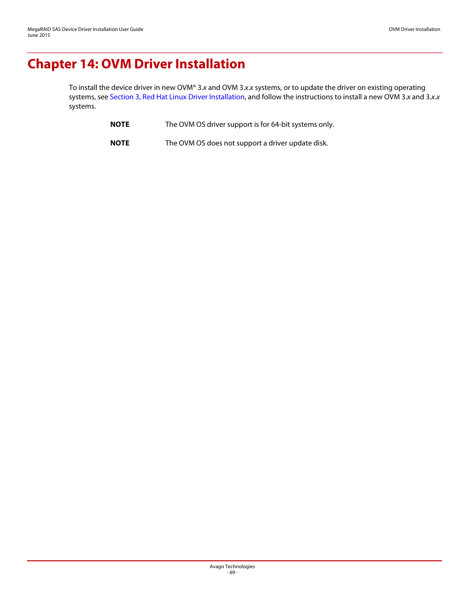 Chapter 14: ovm driver installation, Chapter 14 | Avago Technologies MegaRAID SAS 9341-4i User Manual | Page 69 / 72