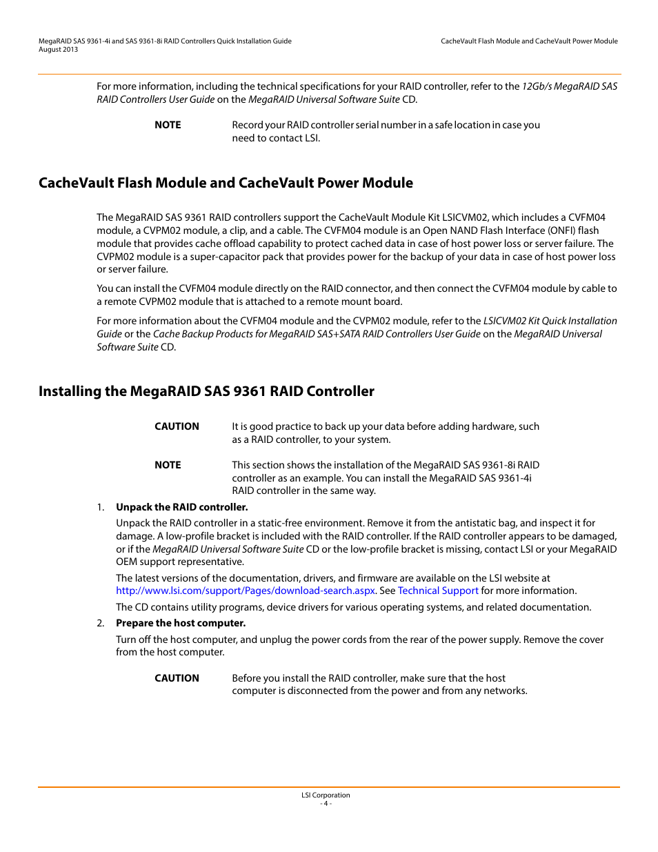 Installing the megaraid sas 9361 raid controller | Avago Technologies MegaRAID SAS 9361-4i User Manual | Page 4 / 7