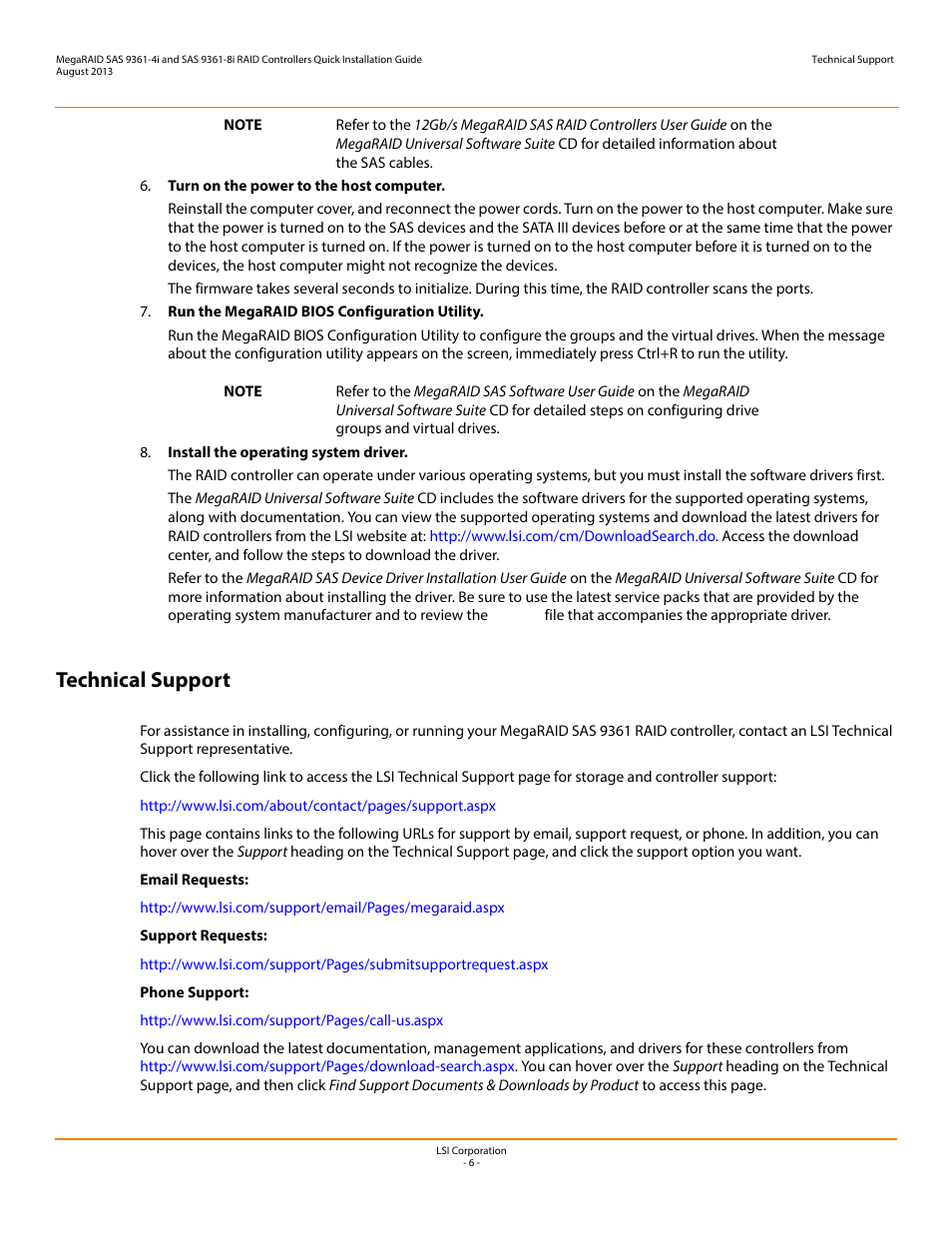 Technical support | Avago Technologies MegaRAID SAS 9361-4i User Manual | Page 6 / 7