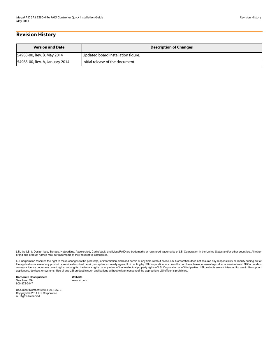 Revision history | Avago Technologies MegaRAID SAS 9380-4i4e User Manual | Page 2 / 7