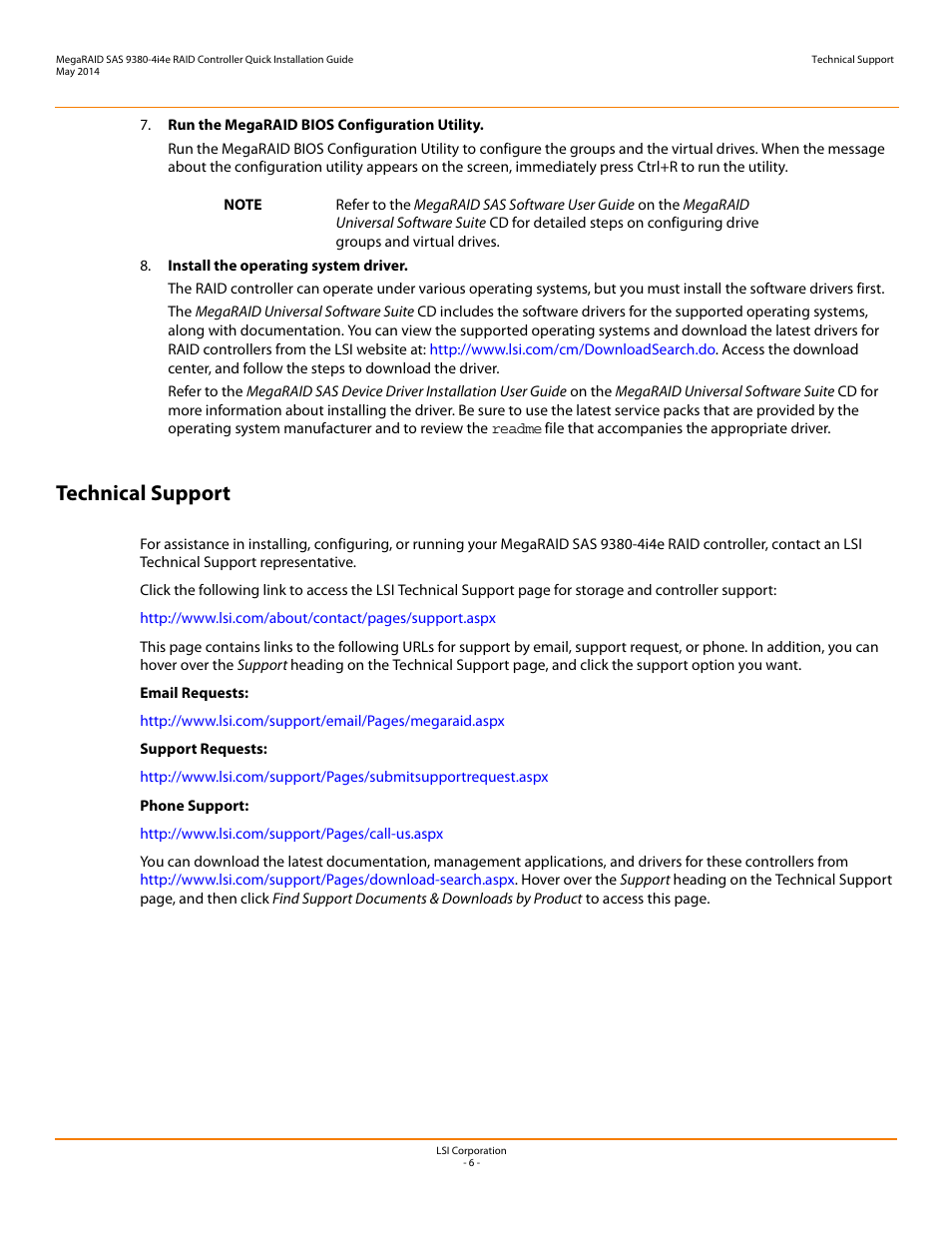 Technical support | Avago Technologies MegaRAID SAS 9380-4i4e User Manual | Page 6 / 7