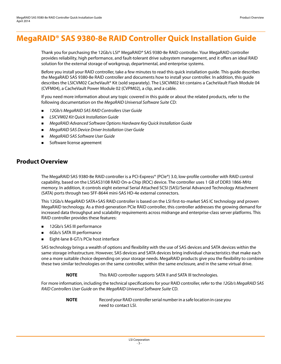 Product overview | Avago Technologies MegaRAID SAS 9380-8e User Manual | Page 3 / 7