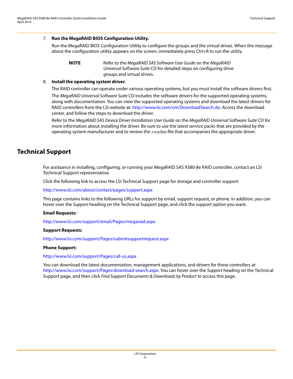 Technical support | Avago Technologies MegaRAID SAS 9380-8e User Manual | Page 6 / 7