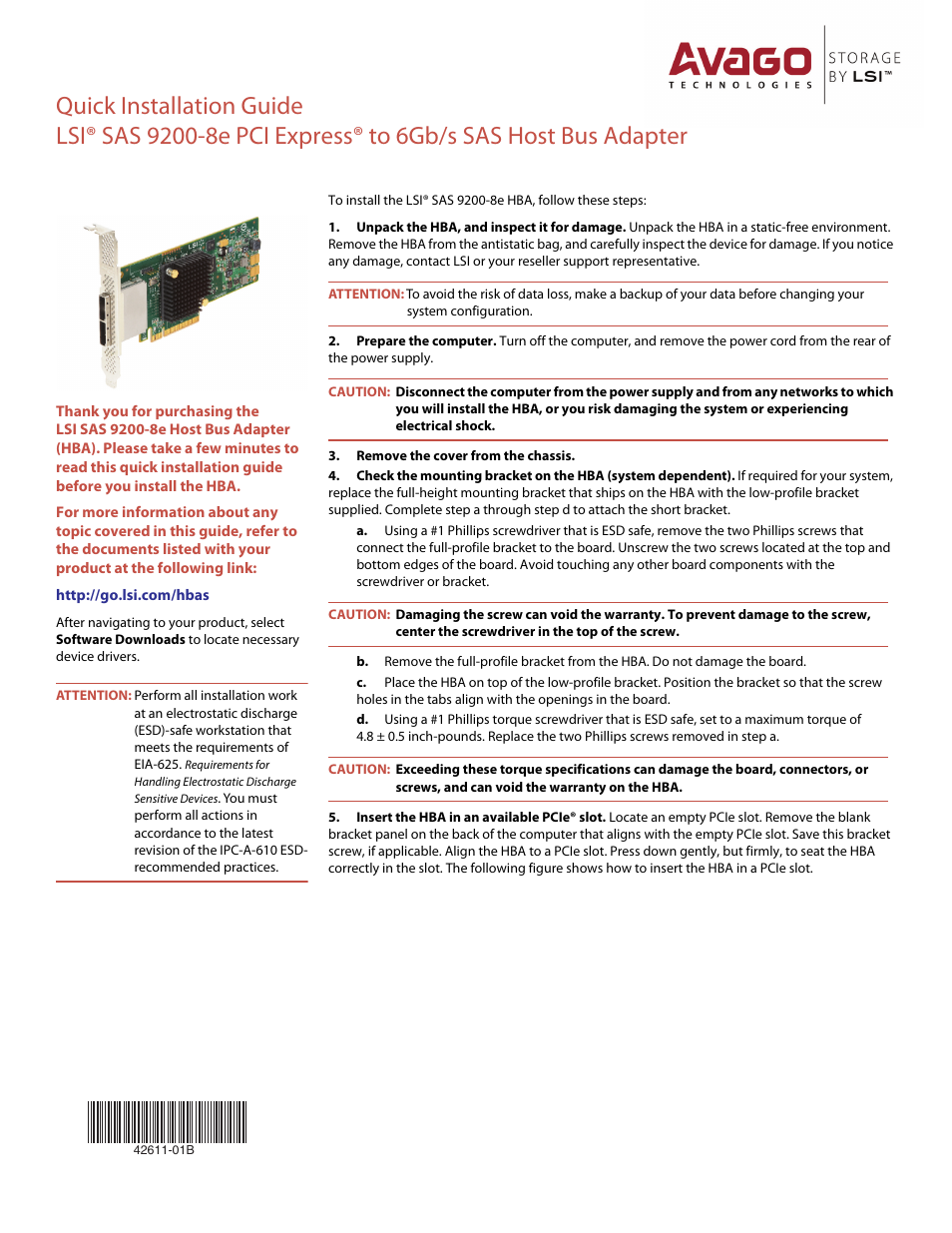 Avago Technologies SAS 9200-8e Host Bus Adapter User Manual | 2 pages