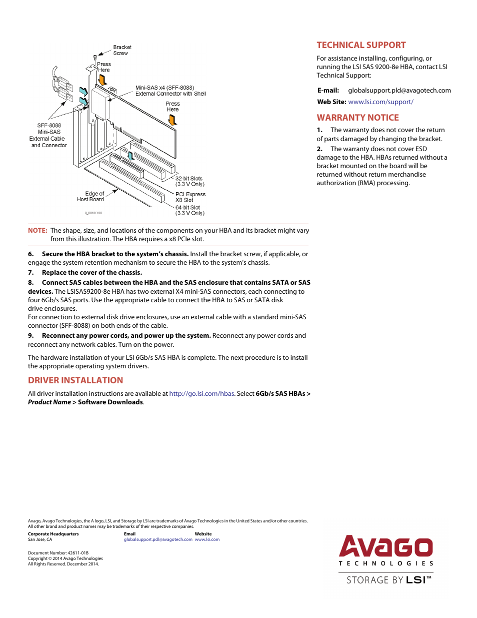 Driver installation, Technical support, Warranty notice | Avago Technologies SAS 9200-8e Host Bus Adapter User Manual | Page 2 / 2