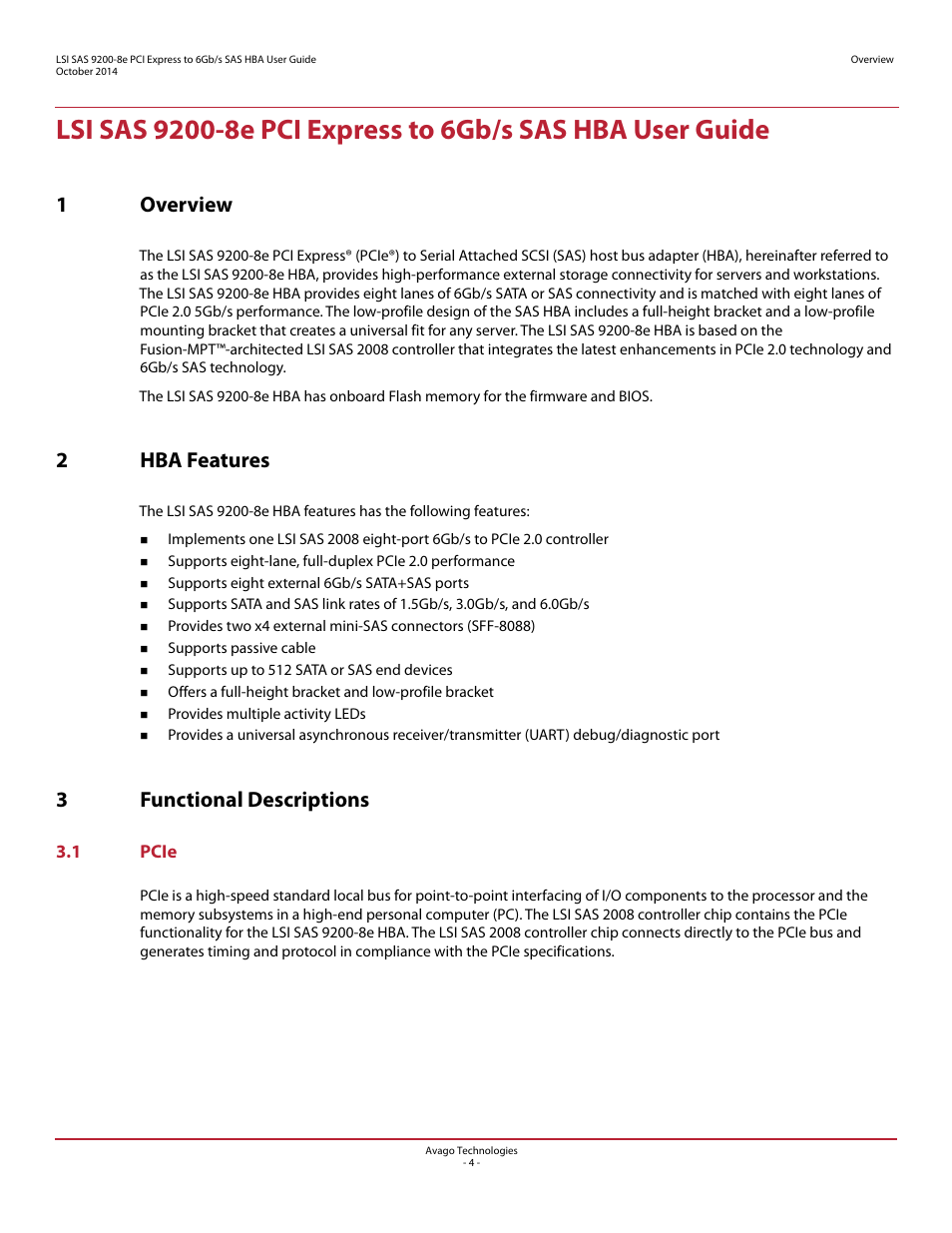 1 overview, 2 hba features, 3 functional descriptions | 1 pcie, 1overview, 2hba features, 3functional descriptions | Avago Technologies SAS 9200-8e Host Bus Adapter User Manual | Page 4 / 10