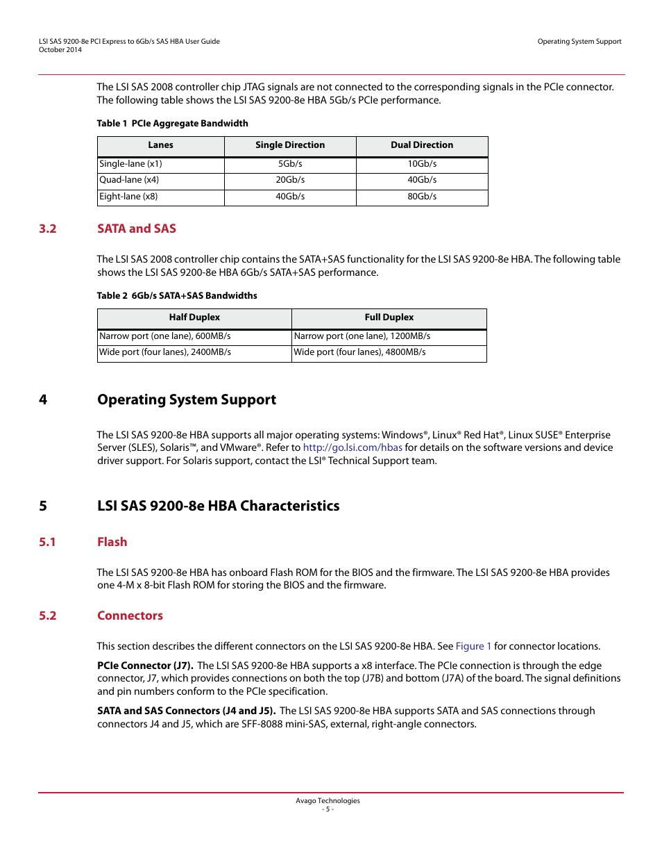 2 sata and sas, 4 operating system support, 5 lsi sas 9200-8e hba characteristics | 1 flash, 2 connectors, 1 flash 5.2 connectors, 4operating system support | Avago Technologies SAS 9200-8e Host Bus Adapter User Manual | Page 5 / 10