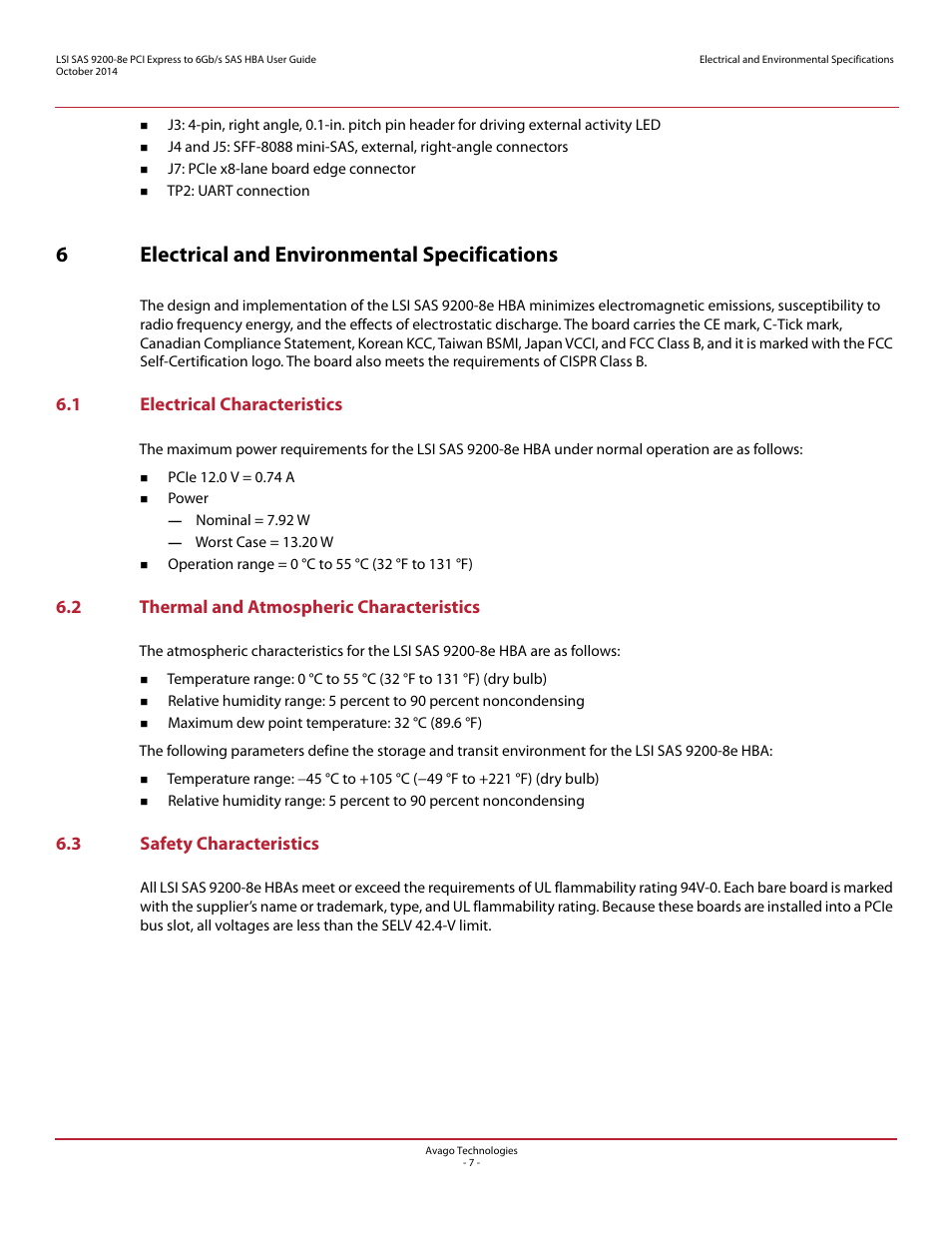 6 electrical and environmental specifications, 1 electrical characteristics, 2 thermal and atmospheric characteristics | 3 safety characteristics, 6electrical and environmental specifications | Avago Technologies SAS 9200-8e Host Bus Adapter User Manual | Page 7 / 10