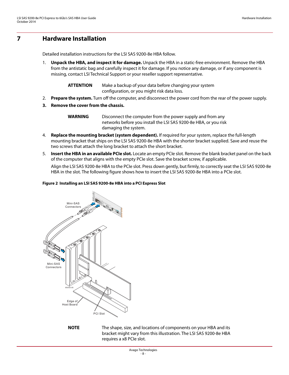 7 hardware installation, 7hardware installation | Avago Technologies SAS 9200-8e Host Bus Adapter User Manual | Page 8 / 10