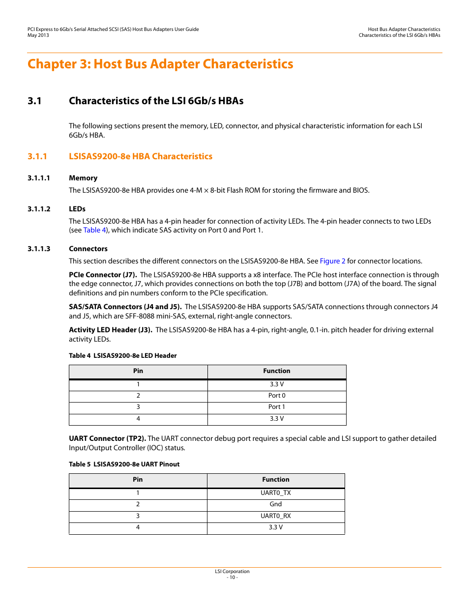 Chapter 3: host bus adapter characteristics, 1 characteristics of the lsi 6gb/s hbas, 1 lsisas9200-8e hba characteristics | 1 memory, 2 leds, 3 connectors, Lsisas9200-8e hba characteristics | Avago Technologies SAS 9200-8e Host Bus Adapter User Manual | Page 10 / 39