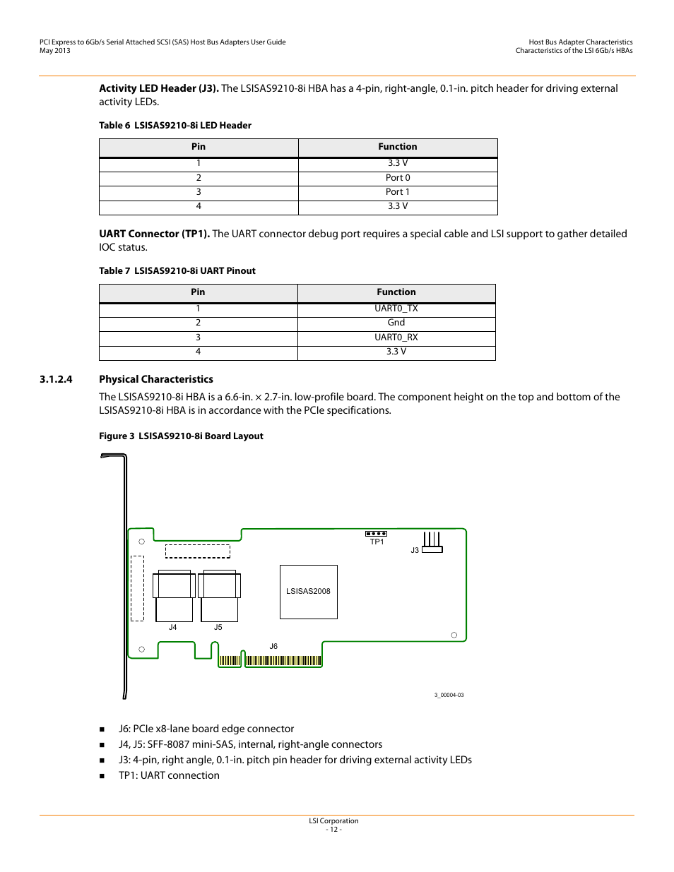 4 physical characteristics, Figure 3, Lsisas9210-8i board layout | Avago Technologies SAS 9200-8e Host Bus Adapter User Manual | Page 12 / 39