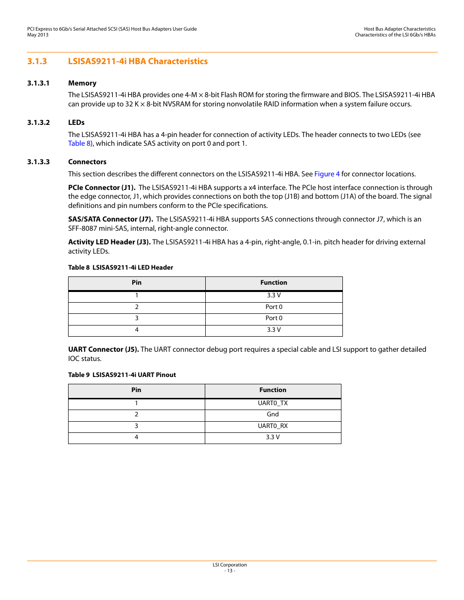 3 lsisas9211-4i hba characteristics, 1 memory, 2 leds | 3 connectors, Lsisas9211-4i hba characteristics | Avago Technologies SAS 9200-8e Host Bus Adapter User Manual | Page 13 / 39