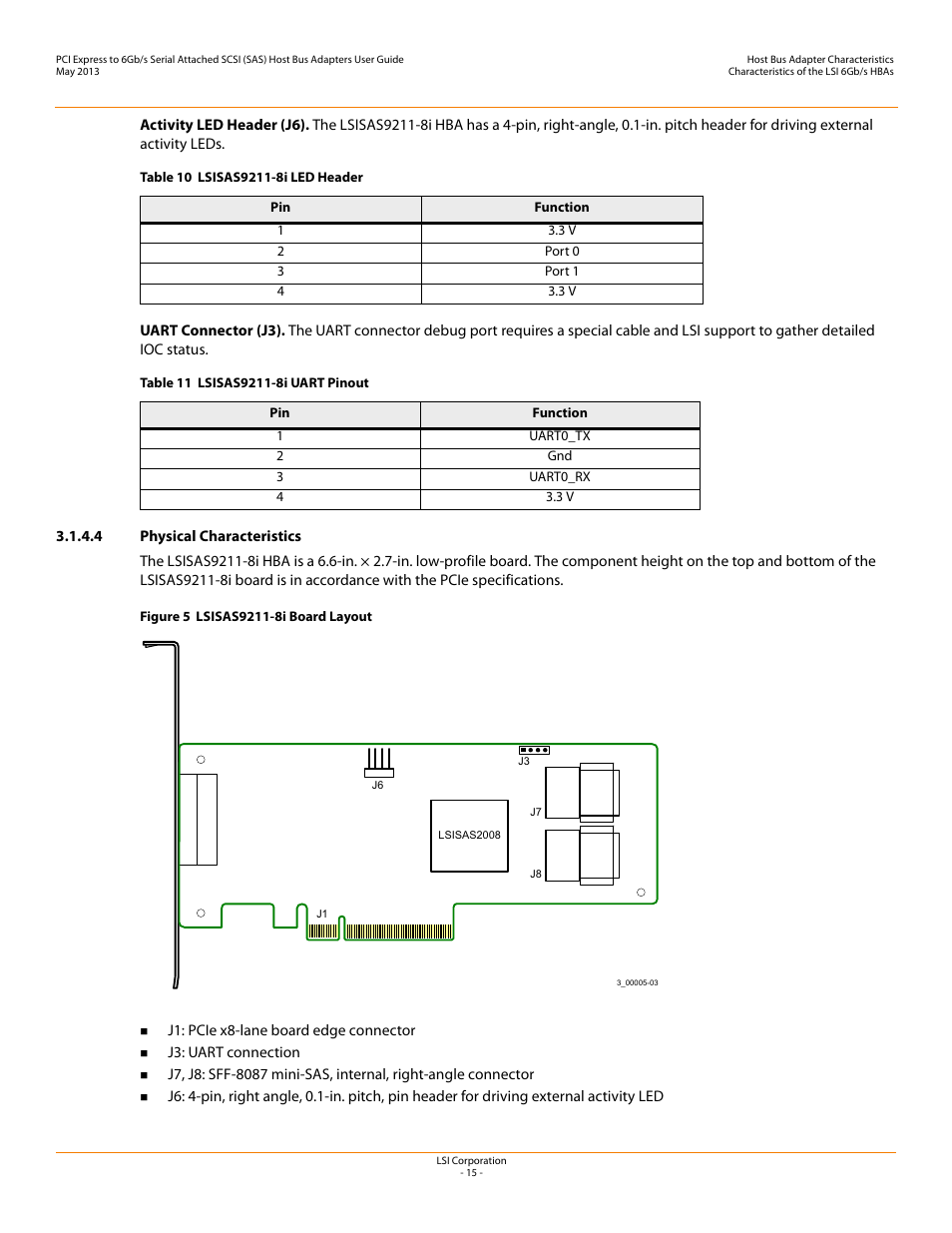 4 physical characteristics, Figure 5, Lsisas9211-8i board layout | On pag | Avago Technologies SAS 9200-8e Host Bus Adapter User Manual | Page 15 / 39