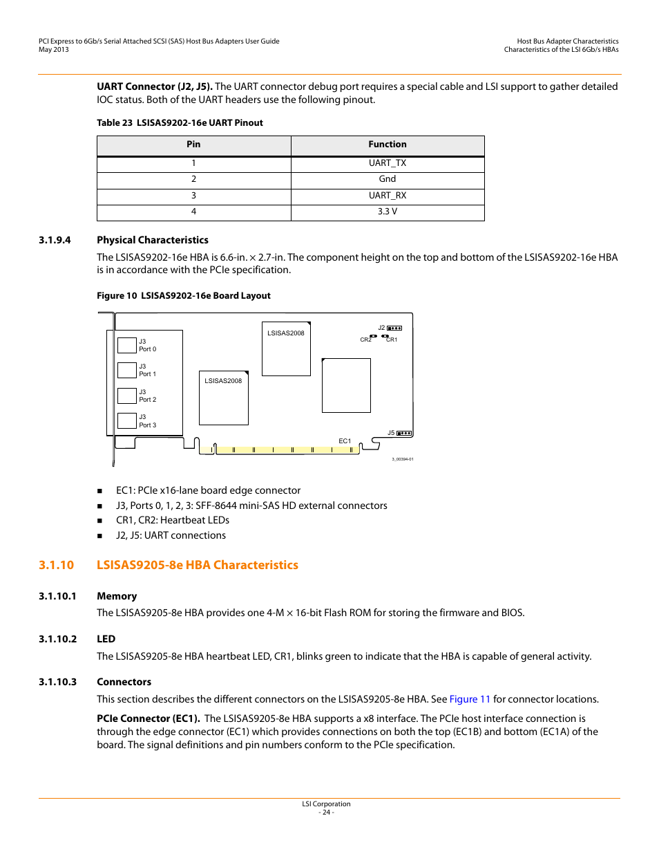 4 physical characteristics, 10 lsisas9205-8e hba characteristics, 1 memory | 2 led, 3 connectors, Lsisas9205-8e hba characteristics | Avago Technologies SAS 9200-8e Host Bus Adapter User Manual | Page 24 / 39