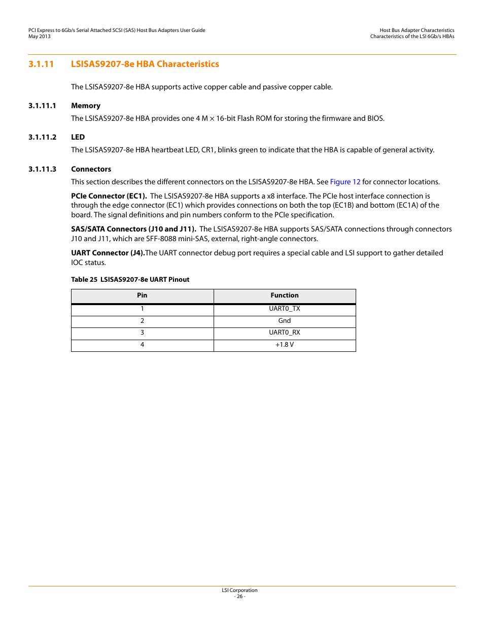 11 lsisas9207-8e hba characteristics, 1 memory, 2 led | 3 connectors, Lsisas9207-8e hba characteristics | Avago Technologies SAS 9200-8e Host Bus Adapter User Manual | Page 26 / 39