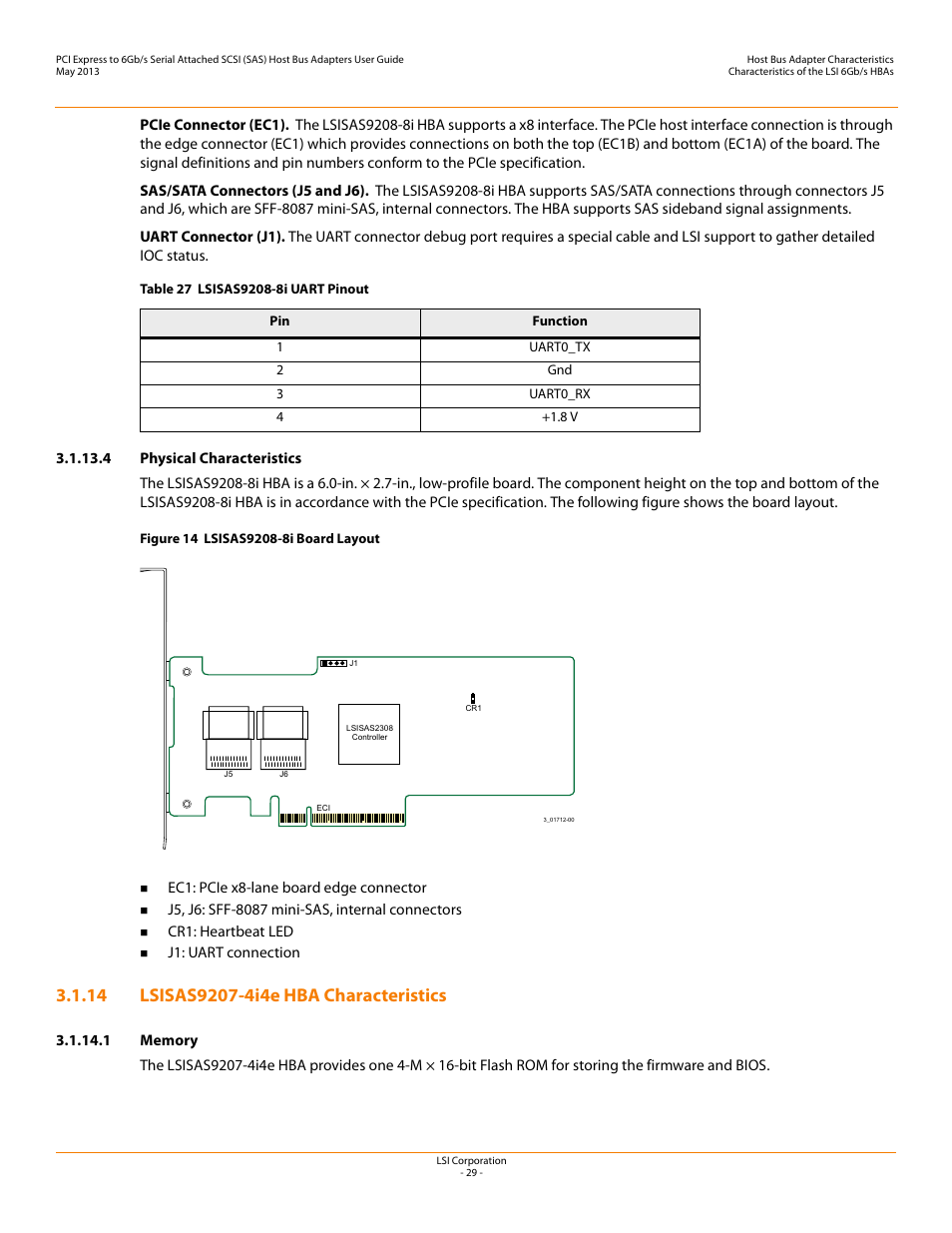 4 physical characteristics, 14 lsisas9207-4i4e hba characteristics, 1 memory | Lsisas9207-4i4e hba characteristics | Avago Technologies SAS 9200-8e Host Bus Adapter User Manual | Page 29 / 39