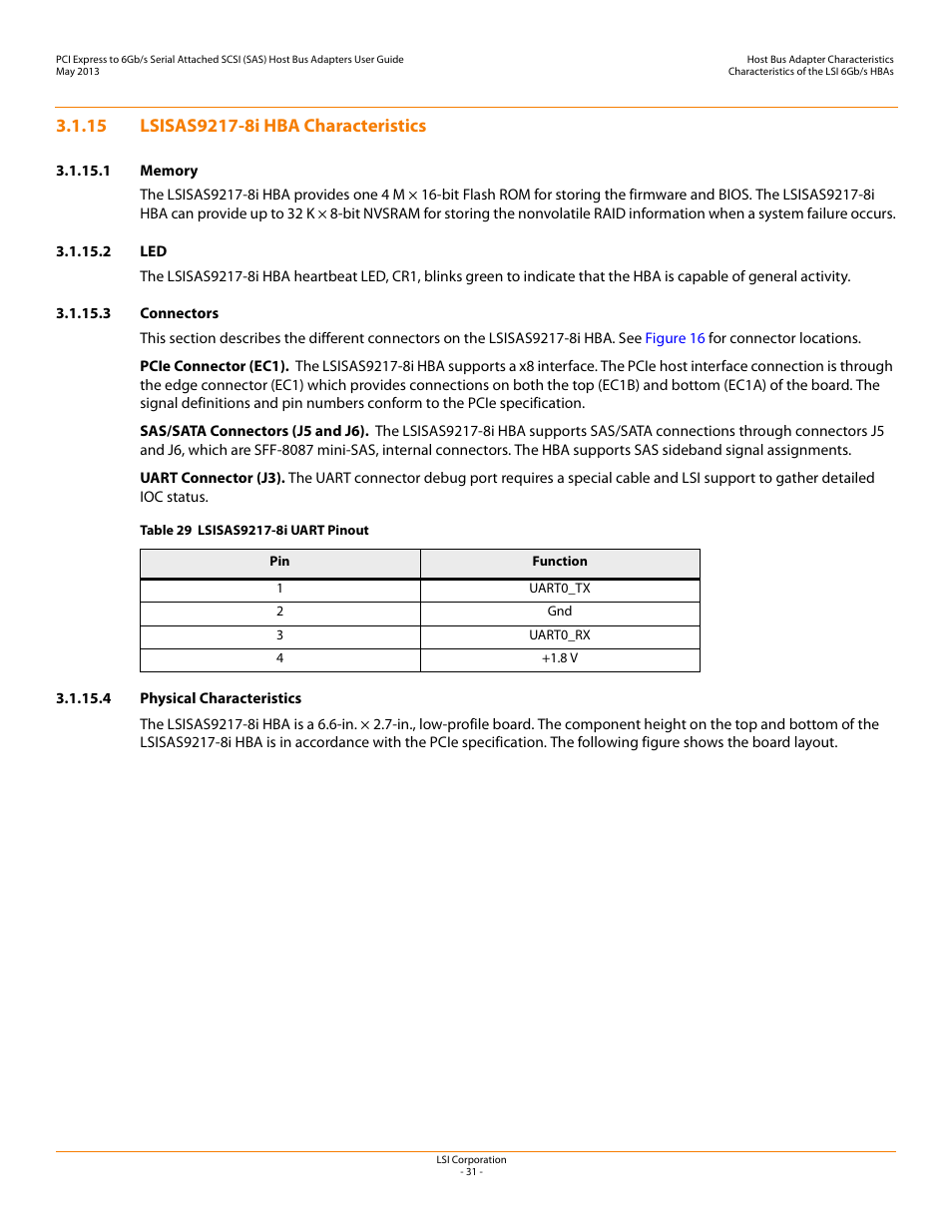 15 lsisas9217-8i hba characteristics, 1 memory, 2 led | 3 connectors, 4 physical characteristics, Lsisas9217-8i hba characteristics | Avago Technologies SAS 9200-8e Host Bus Adapter User Manual | Page 31 / 39