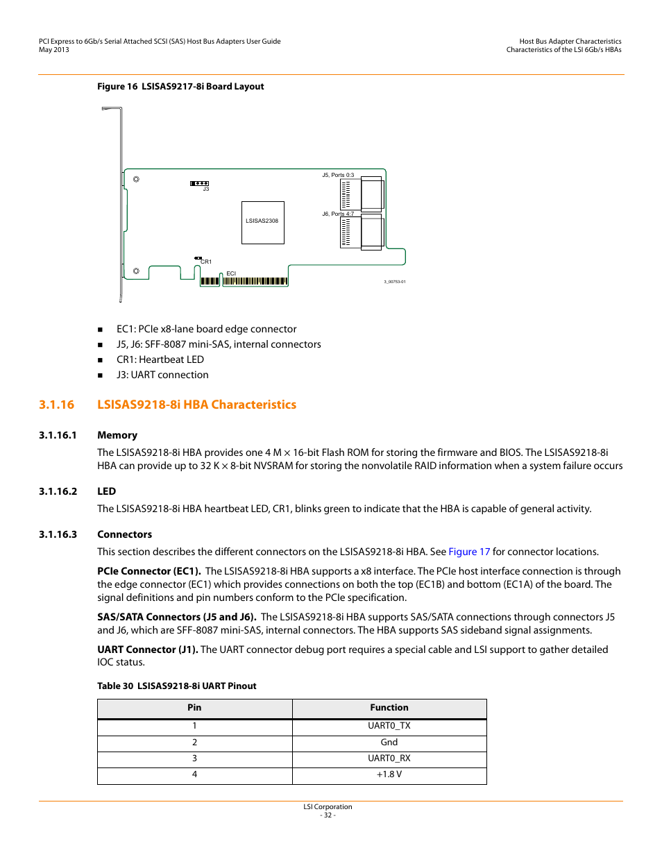 16 lsisas9218-8i hba characteristics, 1 memory, 2 led | 3 connectors, Lsisas9218-8i hba characteristics | Avago Technologies SAS 9200-8e Host Bus Adapter User Manual | Page 32 / 39