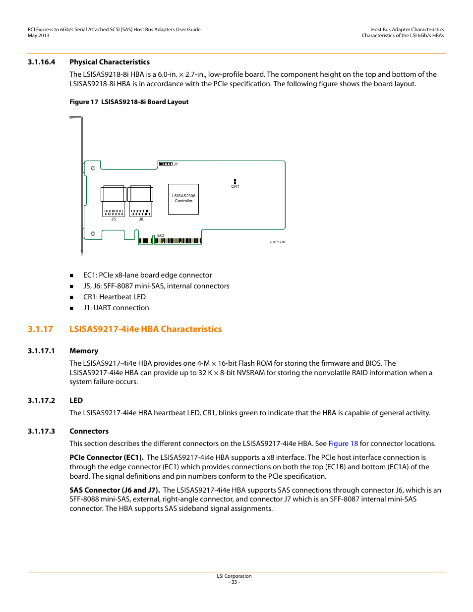 4 physical characteristics, 17 lsisas9217-4i4e hba characteristics, 1 memory | 2 led, 3 connectors, Lsisas9217-4i4e hba characteristics | Avago Technologies SAS 9200-8e Host Bus Adapter User Manual | Page 33 / 39